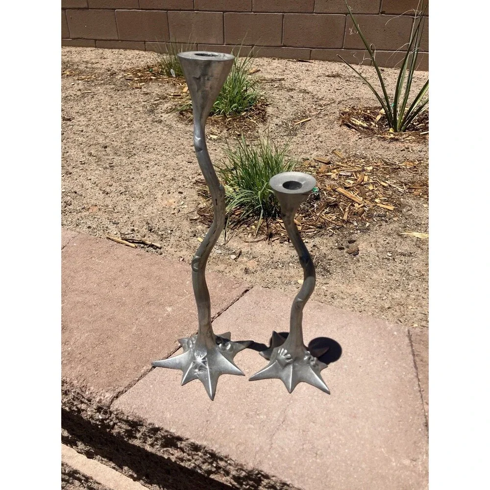 VTG Heavy Cast Metal Candlesticks India 17.5” & 12” Brutalist MCM Pair